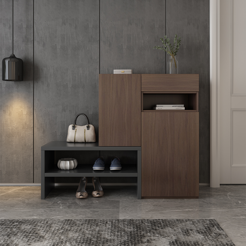 Contemporary Corner Shoe Cabinet with 7 Shelves & 1 Drawer in Walnut