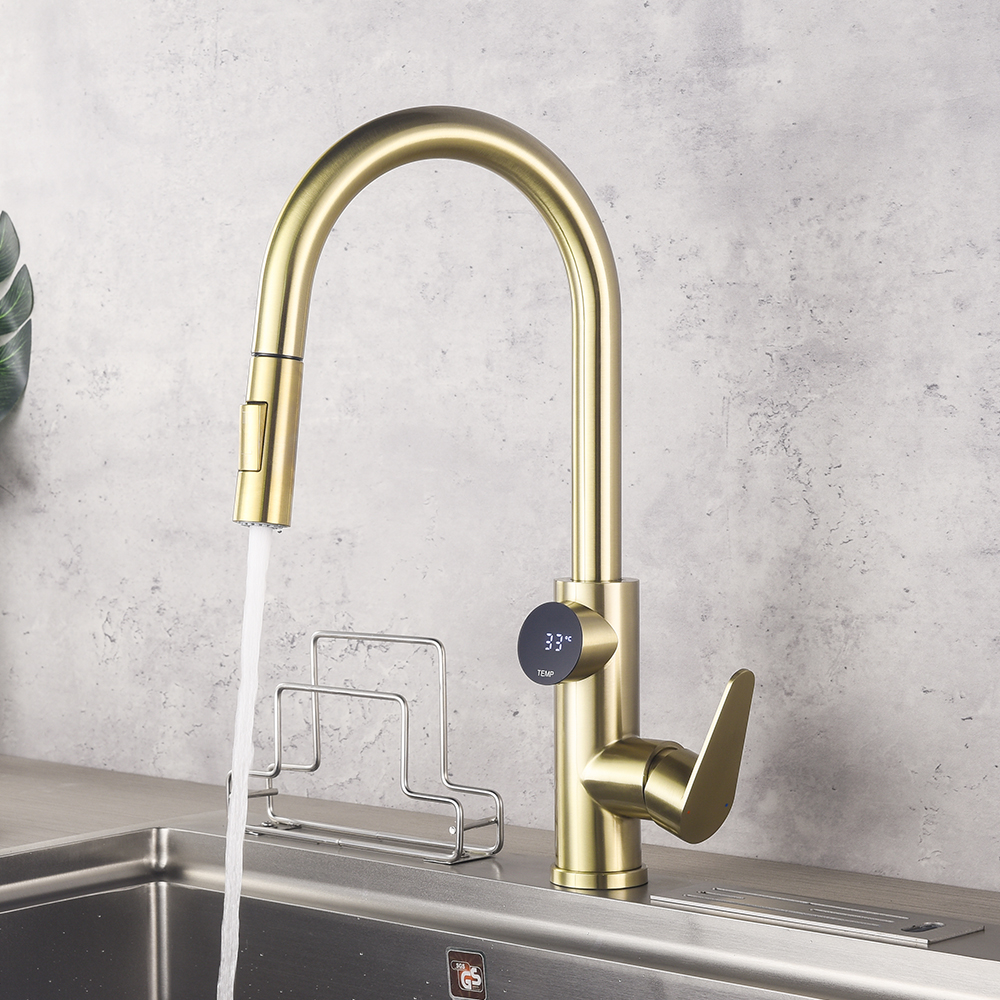 Pull Down Brushed Gold Kitchen Tap With Sprayer Single Handle Temperature Display