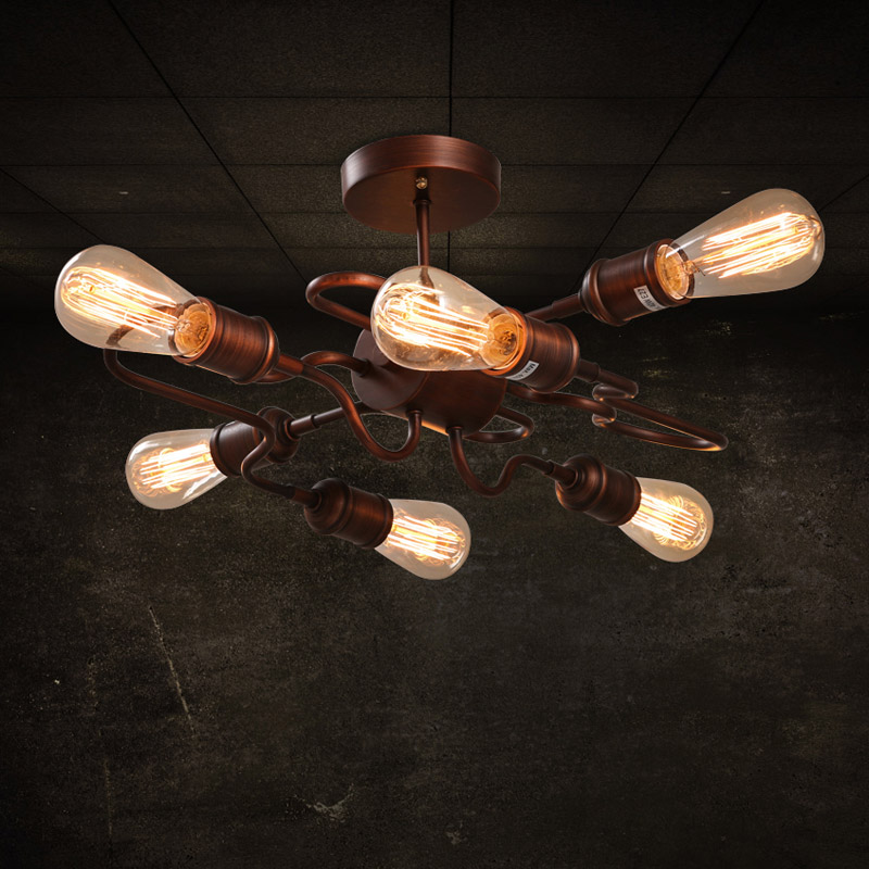 

6-Light Retro Rust Semi Flush Mount Light with Bulbs