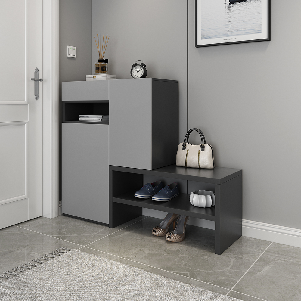 Contemporary Corner Shoe Cabinet with 7 Shelves & 1 Drawer in Gray