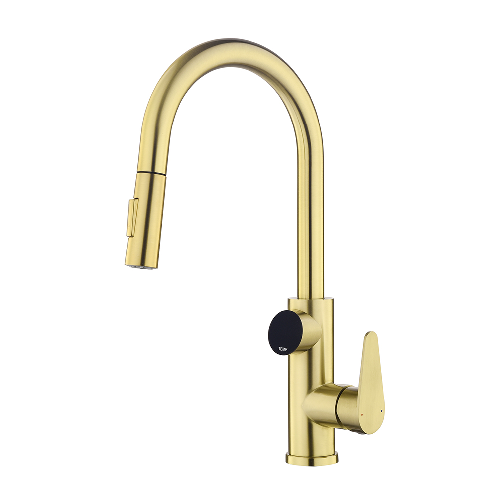 Pull Down Brushed Gold Kitchen Tap With Sprayer Single Handle Temperature Display