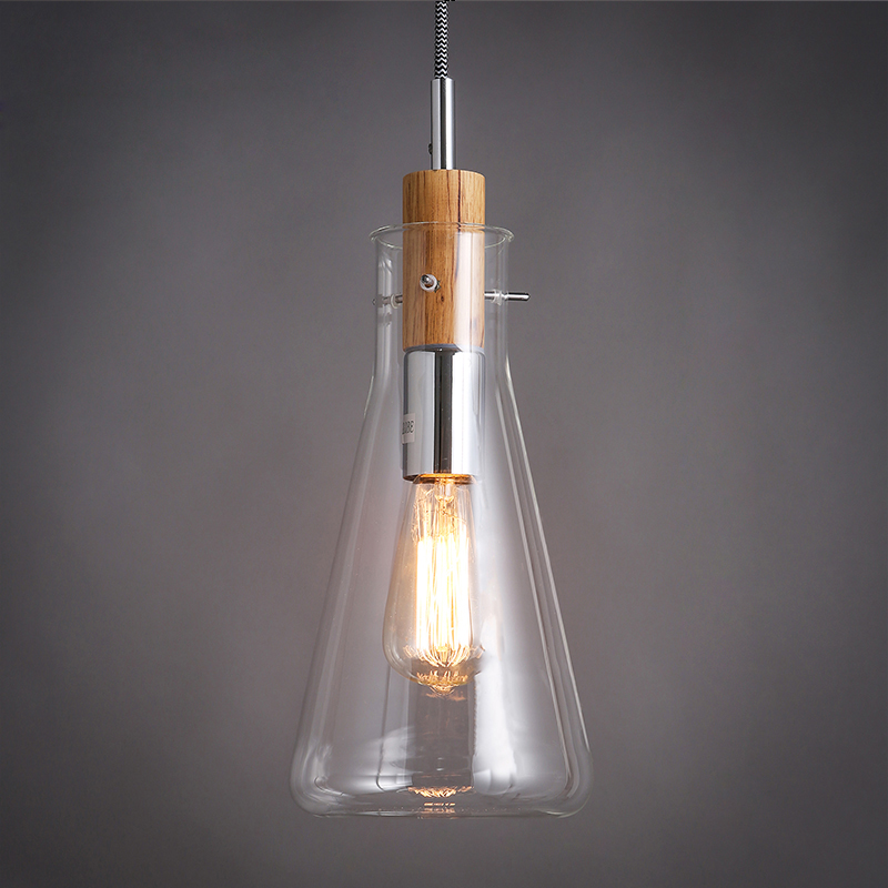 

Vintage Clear Glass 1-Light Pendant Light in Wood & Metal