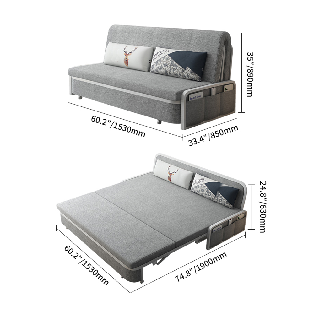 Modern Light Grey Cotton Linen Upholstered Convertible Sofa Bed with Storage Living Room