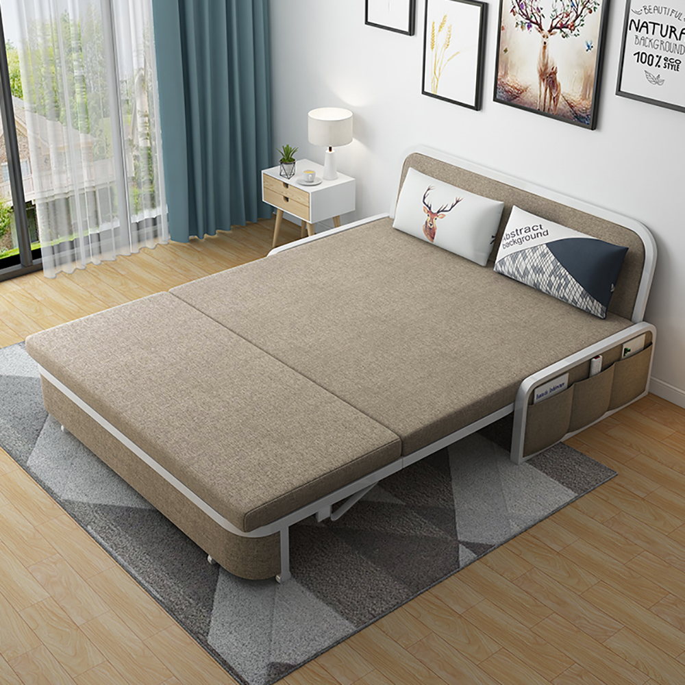 Modern Khaki Cotton Linen Upholstered Convertible Sofa Bed With Storage ...