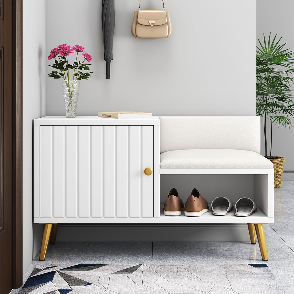 White Contemporary Upholstered Shoe Rack Bench with Storage Cabinet and Shelf Entryway