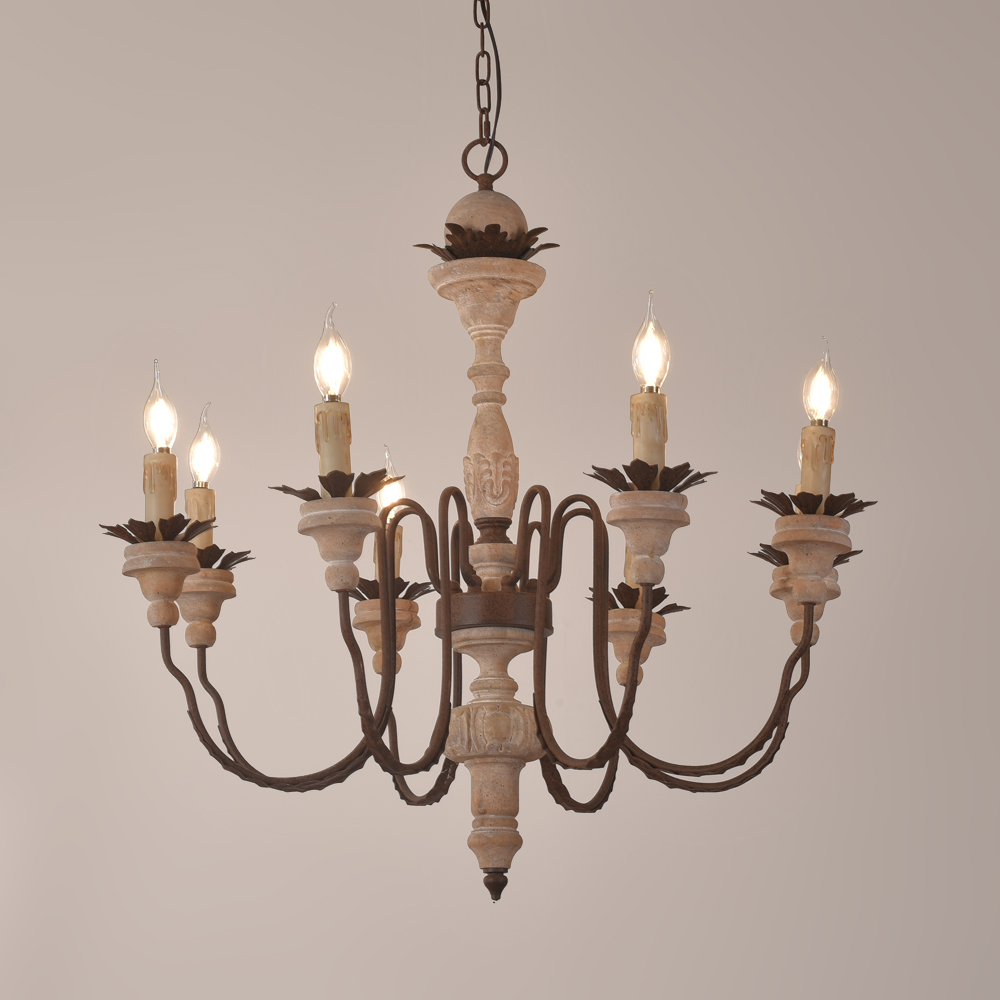 

Janice French Carved Wood Rust Metal Chandelier Rustic Ceiling Light with Candle Lights