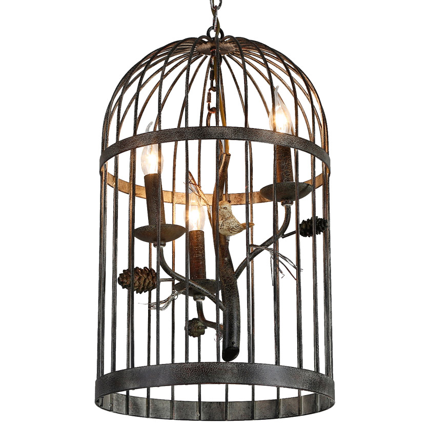 Rustic Bird and Pinecone Adorned Three-light Metal Hanging Birdcage ...