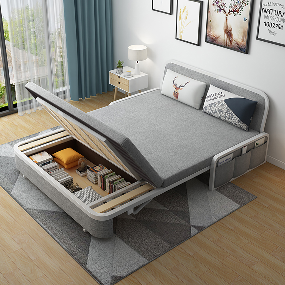 Modern Light Grey Cotton Linen Upholstered Convertible Sofa Bed with Storage Living Room
