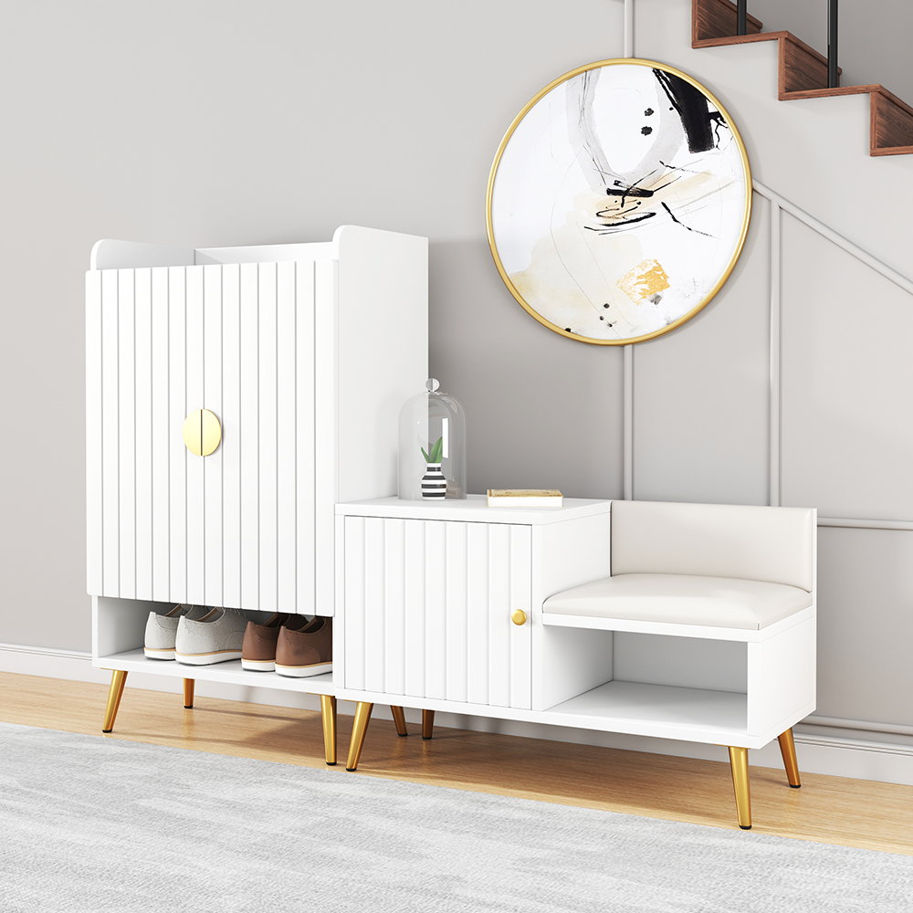 White Contemporary Upholstered Shoe Rack Bench with Storage Cabinet and Shelf Entryway