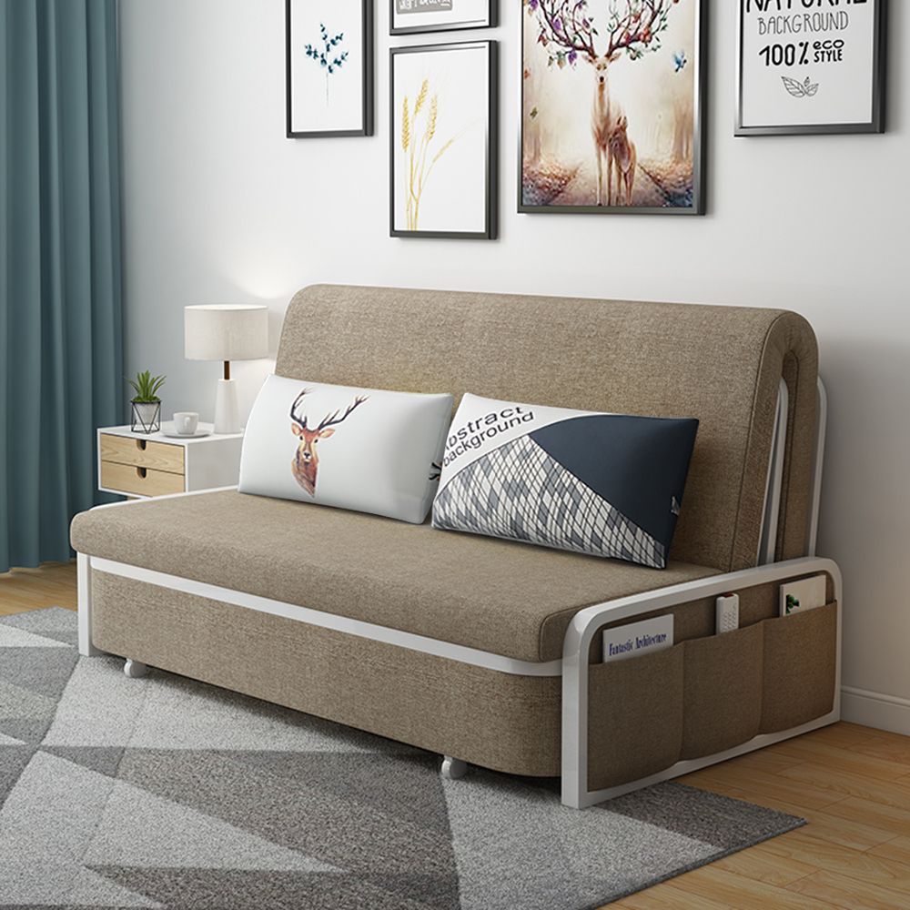 Modern Khaki Cotton Linen Upholstered Convertible Sofa Bed With Storage ...