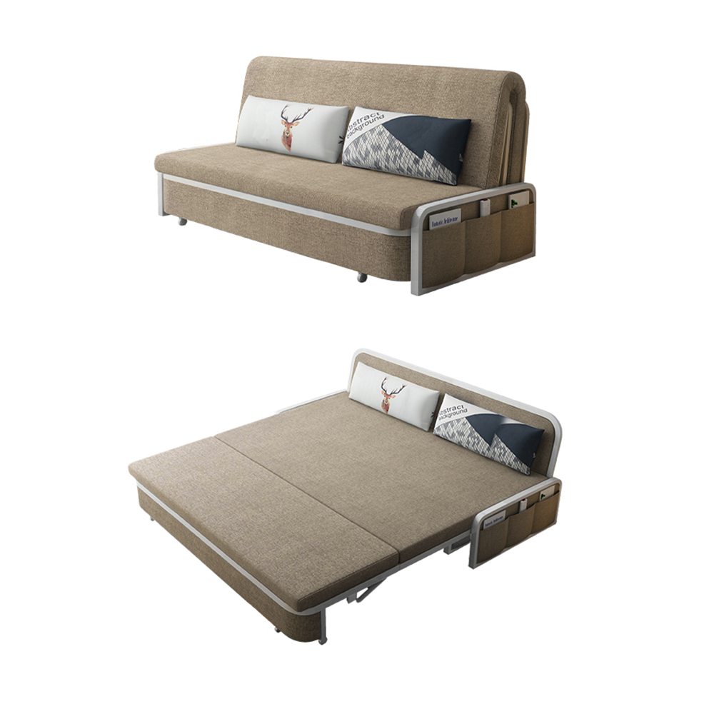 Modern Khaki Cotton Linen Upholstered Convertible Sofa Bed with Storage