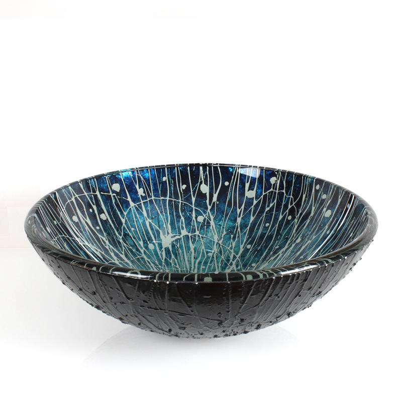 

Modern Blue Hand Painted Tempered Glass Vessel Sink for Bathroom