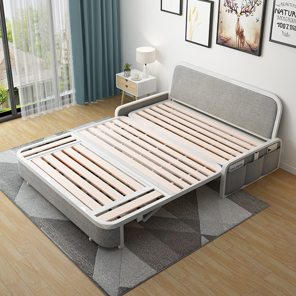 Modern Light Grey Cotton Linen Upholstered Convertible Sofa Bed with Storage Living Room