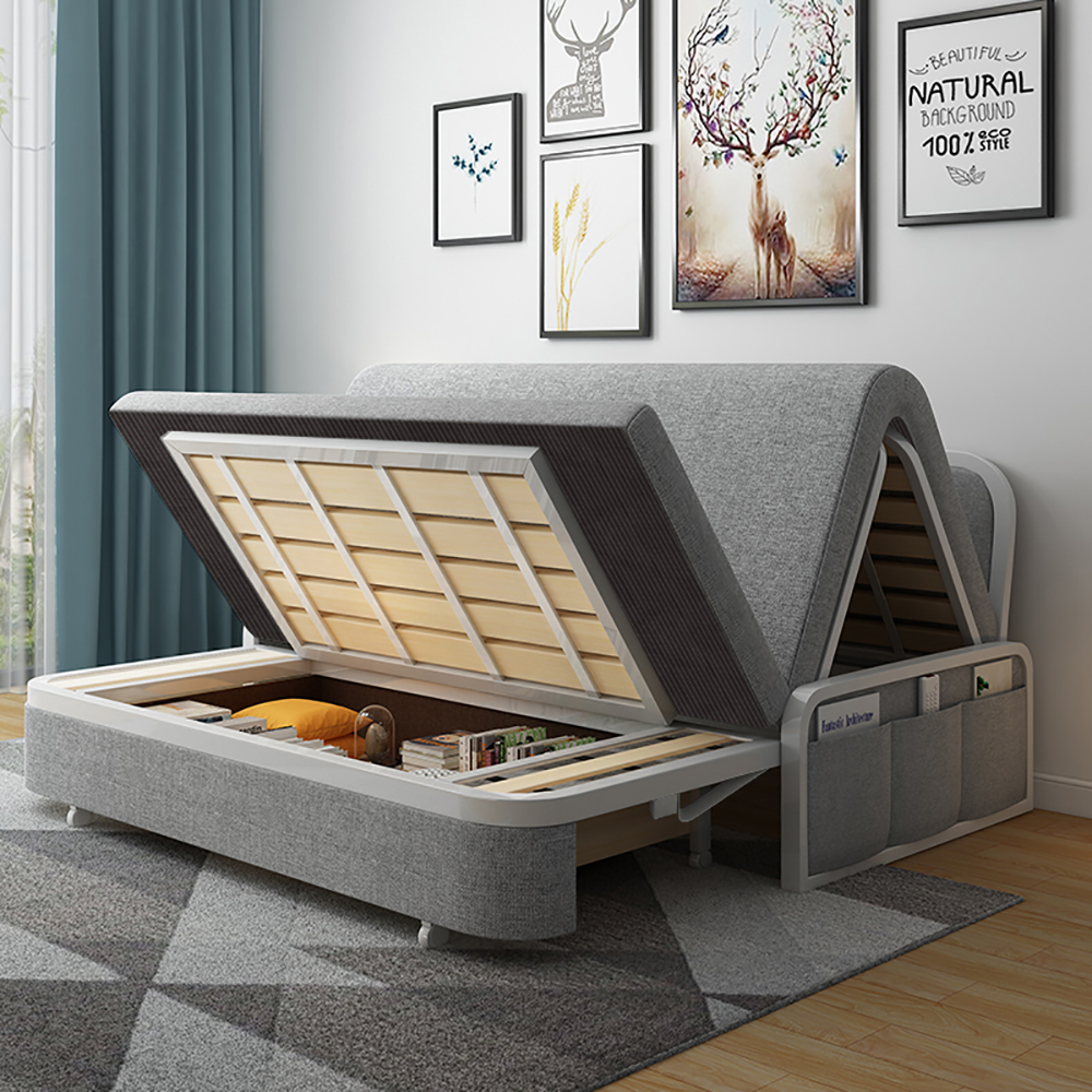 Modern Light Grey Cotton Linen Upholstered Convertible Sofa Bed with