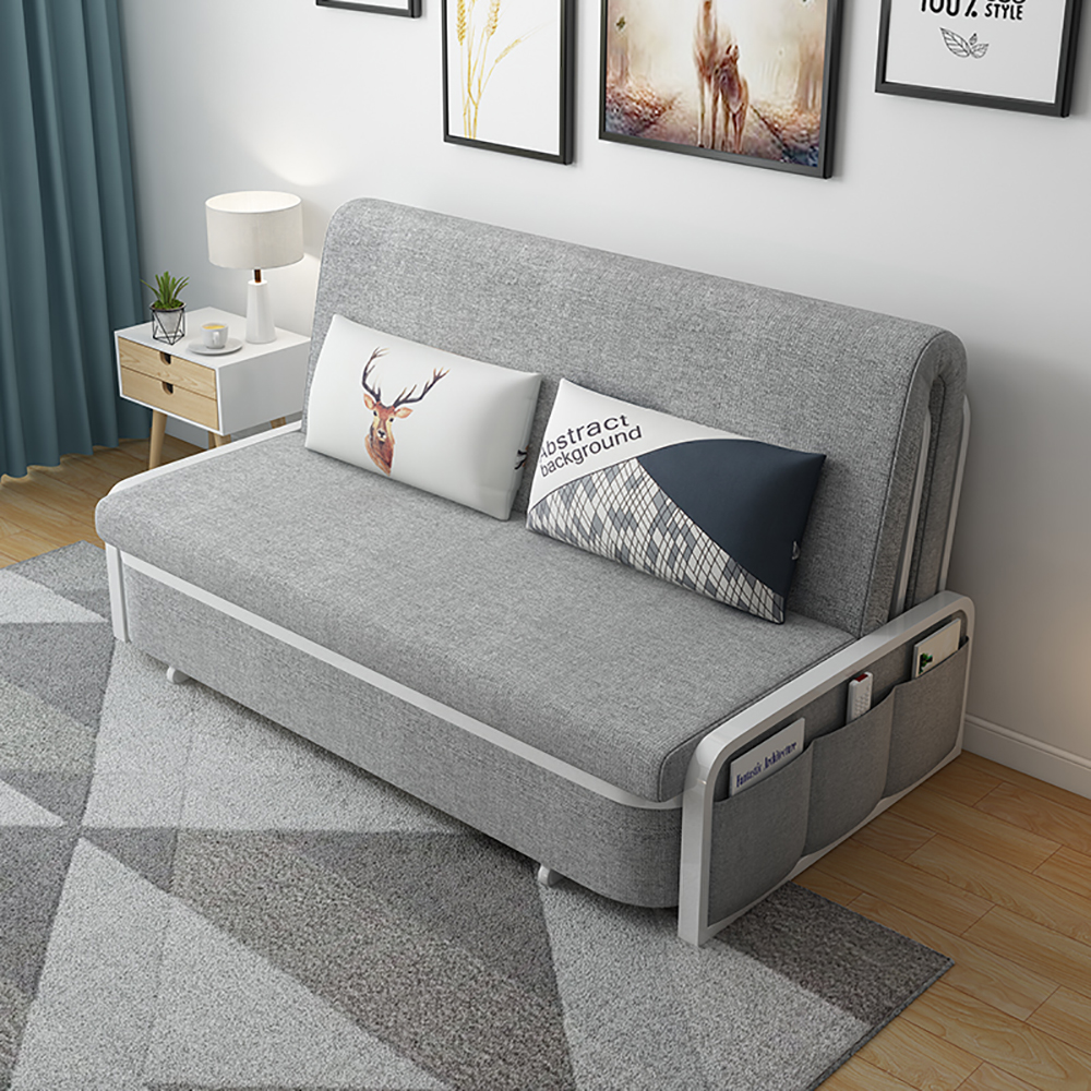 Modern Light Grey Cotton Linen Upholstered Convertible Sofa Bed with Storage Living Room