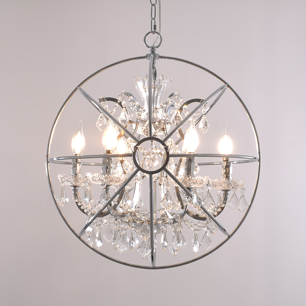 

Modern Romantic Clear Crystal Metal Scroll 6-Light Pendant Globe Chandelier in Chrome