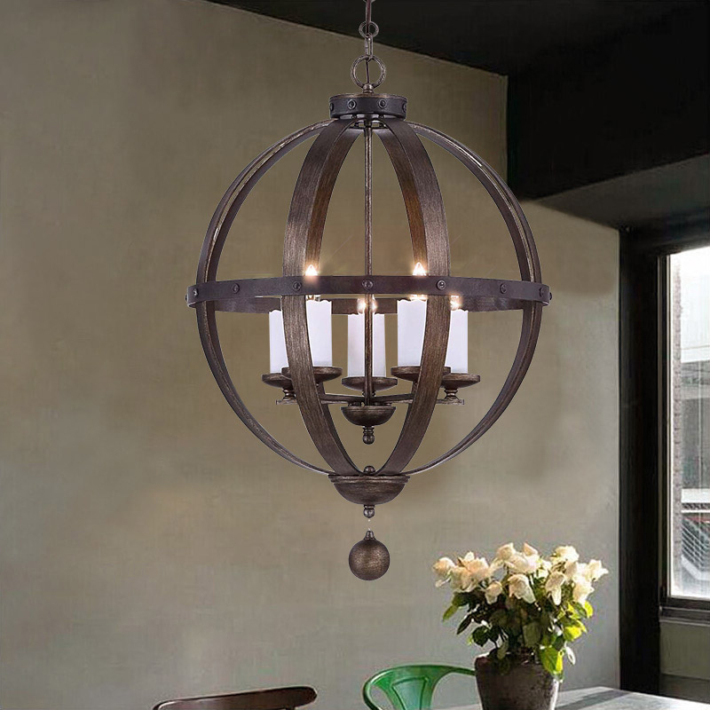 

Retro Globe Shaped Metal Cage 5 White Candle Light Chandelier in Dark Bronze