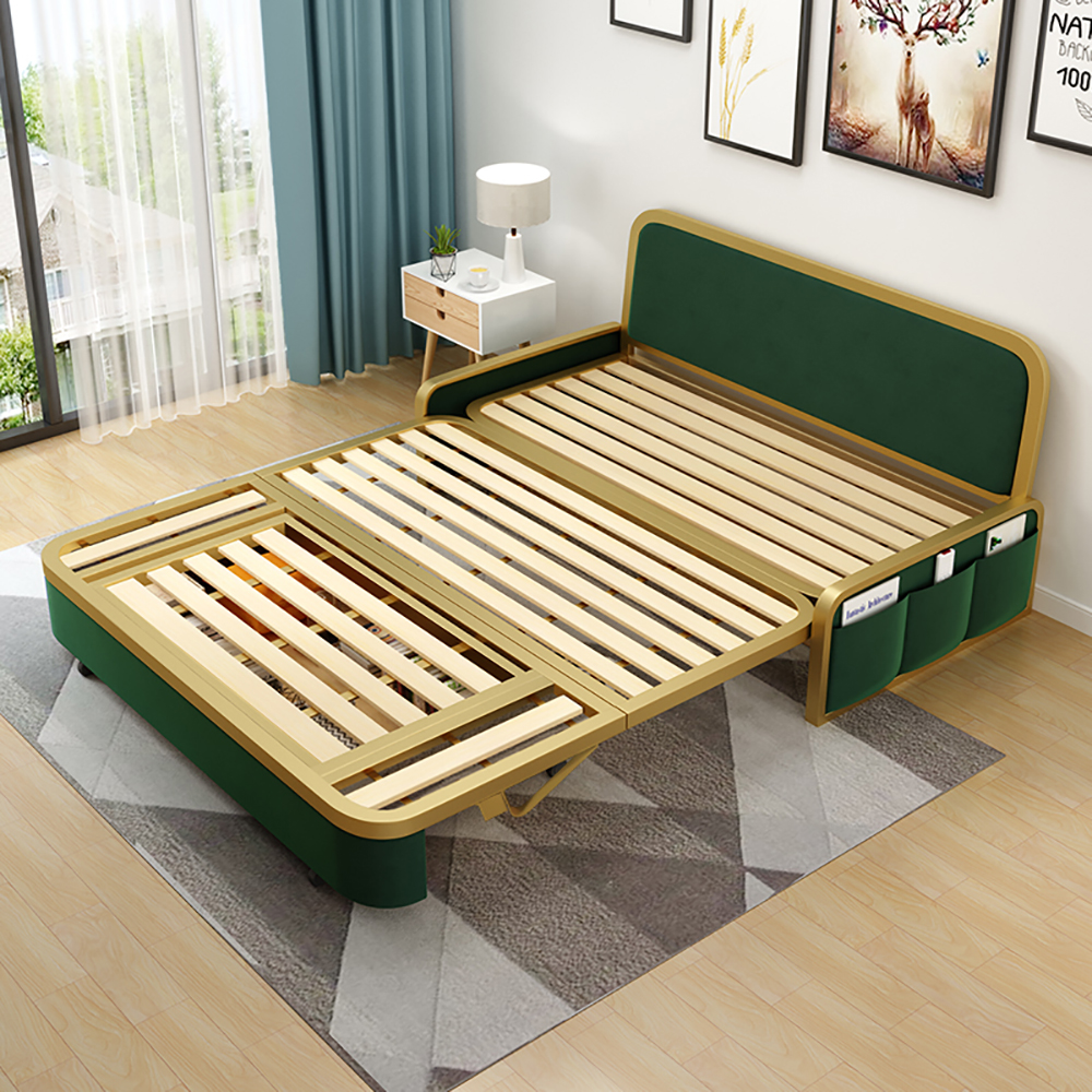 

Modern Convertible Sofa Bed with Storage Velvet Upholstery in Green & Gold