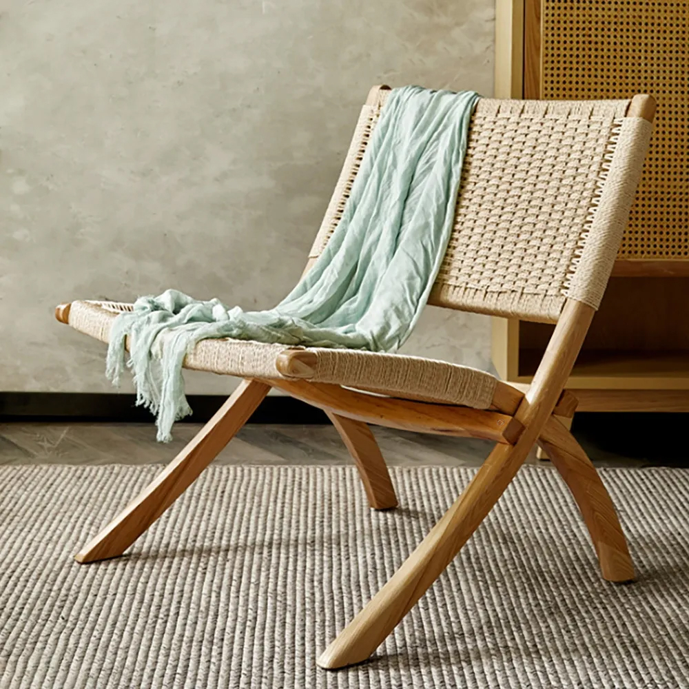 Rustic Foldable Recliner Chair Ash Wood Woven Hemp Rope Back & Seat in Natural