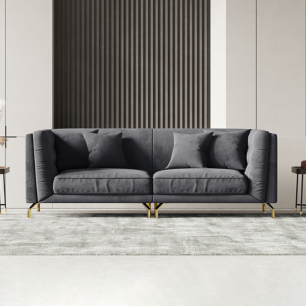 

90" Gray Velvet Tuxedo Sofa 3 Seaters for Living Room with Full Back & Gold Legs