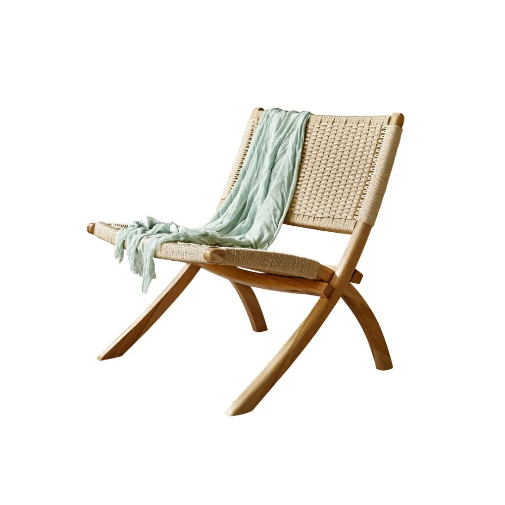 Silla reclinable plegable rústica de madera de fresno tejida de cáñamo con respaldo y asiento en color natural