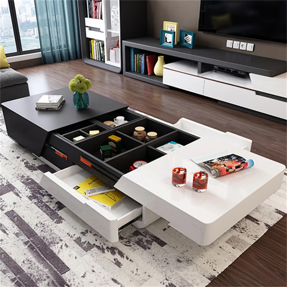 2085mm Modern Chic Extendable Coffee Table with Storage Sliding Top in White & Black