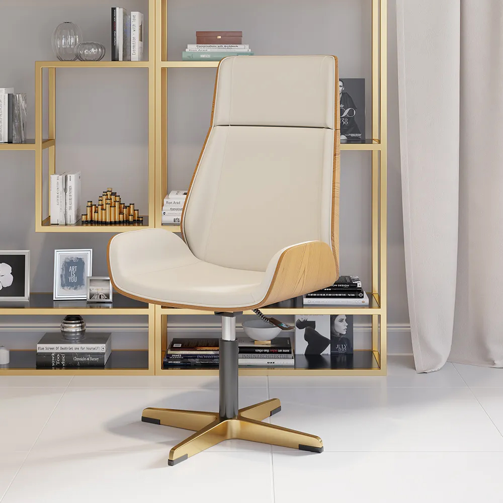 Leather Office Desk Chair High Back Adjustable Swivel Executive Chair in Beige & Gold
