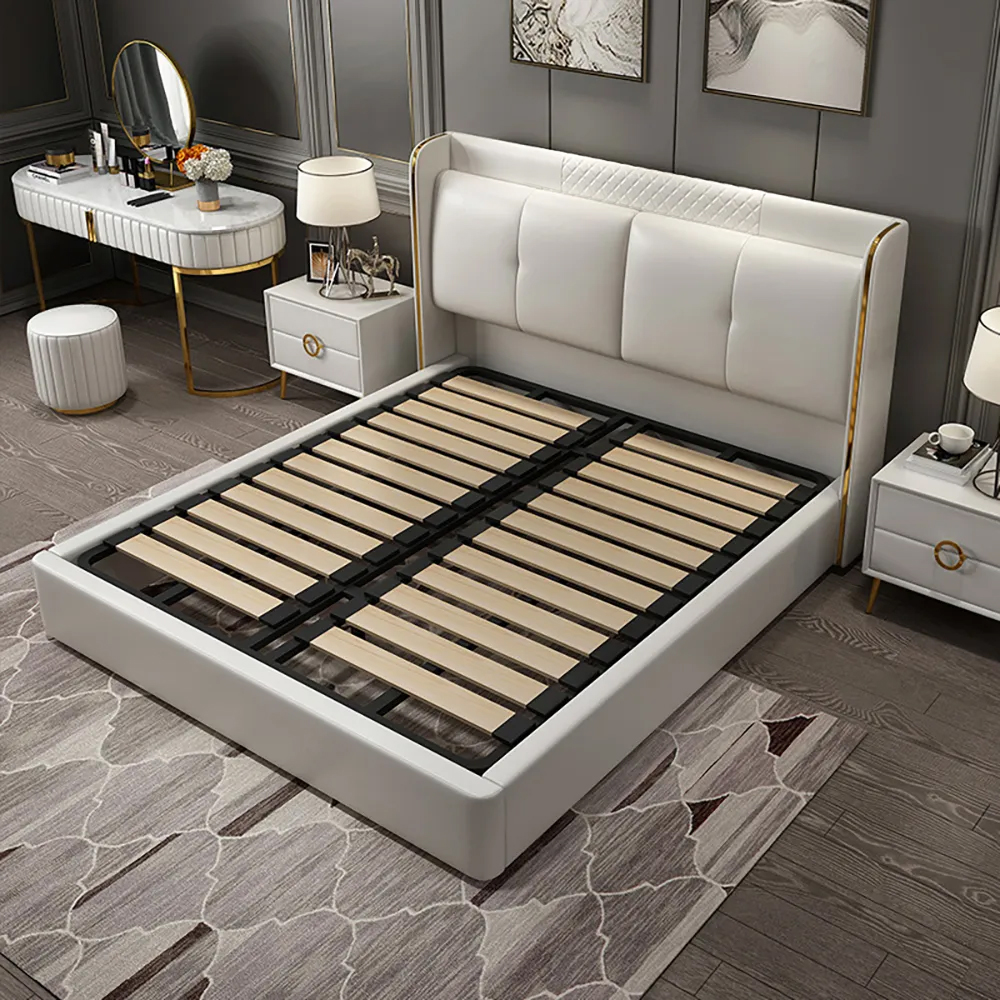 White Wingback Bed with Leather Upholstered Headboard & Wood Slats ...