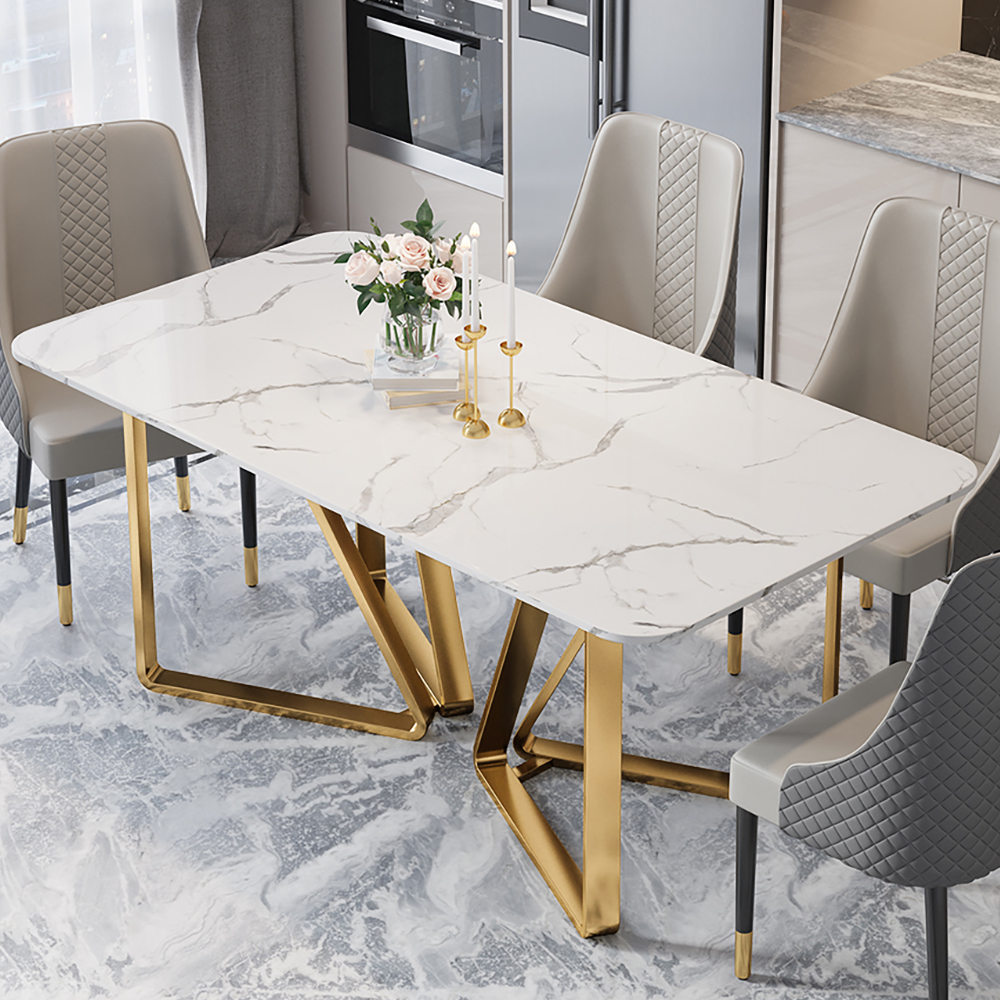 Marby Modern Rectangle 1600mm Faux Marble Dining Table Gold Base Stainless Steel