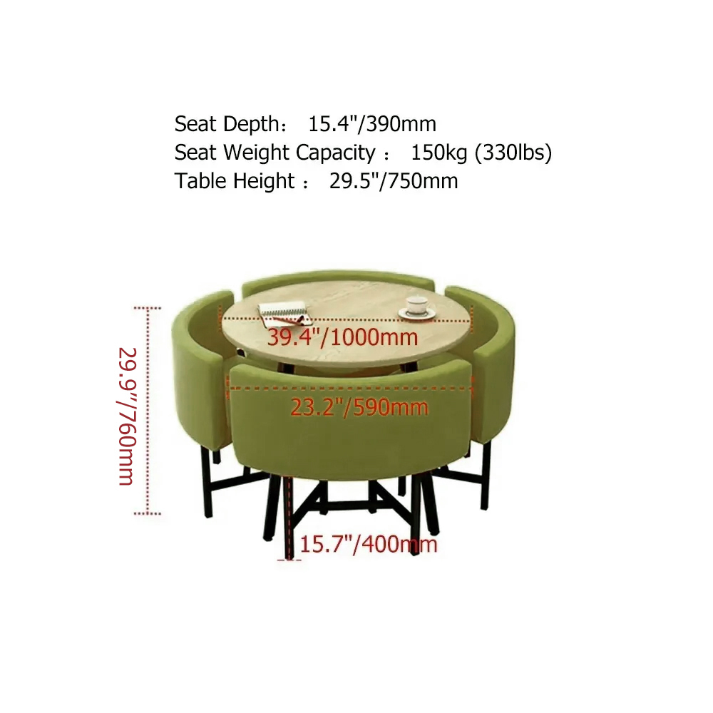 Ensemble de table de salle à manger gigogne ronde en bois de 1000 mm pour 4 chaises rembourrées vertes