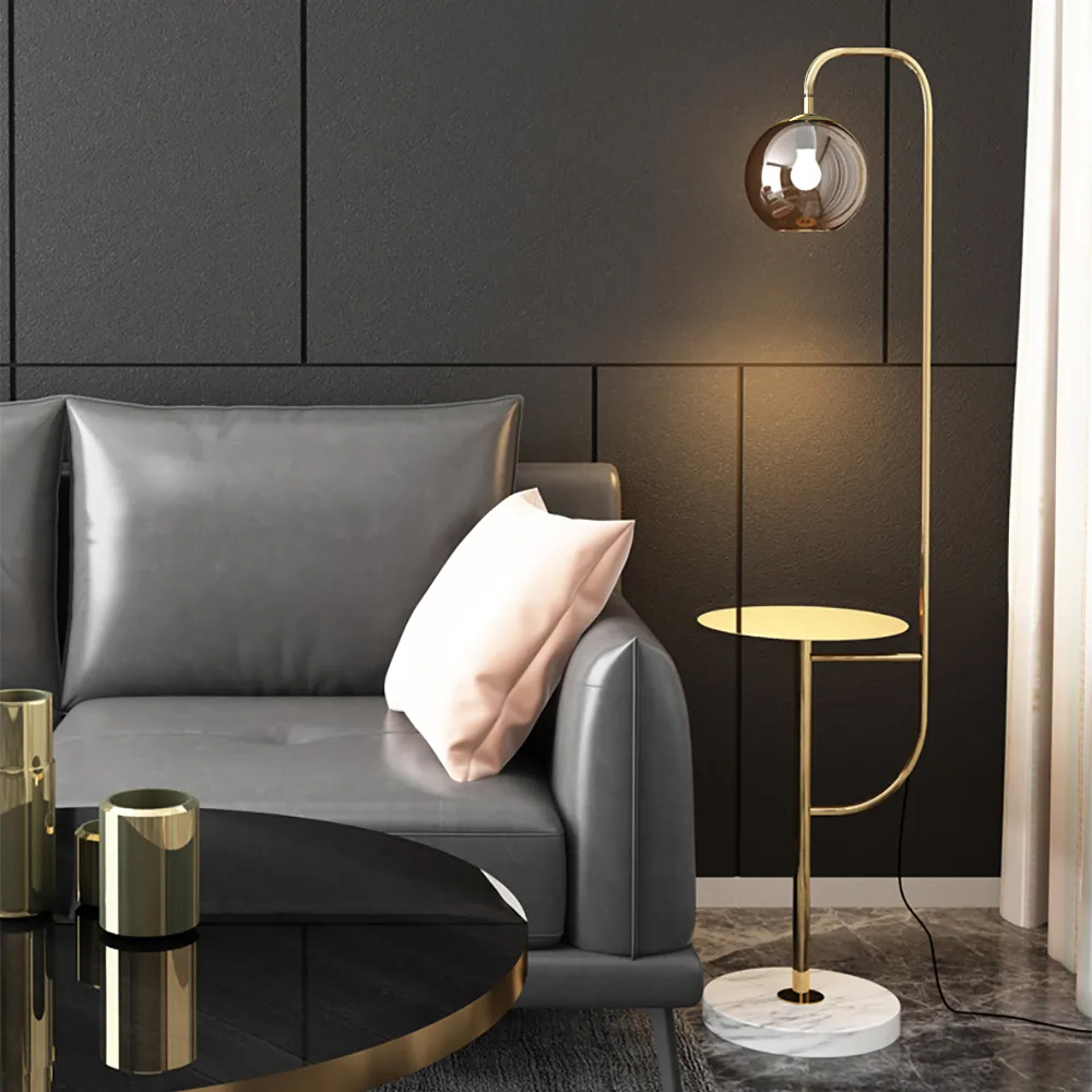 

Minimalist Tray Table Floor Lamp Gold Standing Lamp with Metal Base & Glass Shade