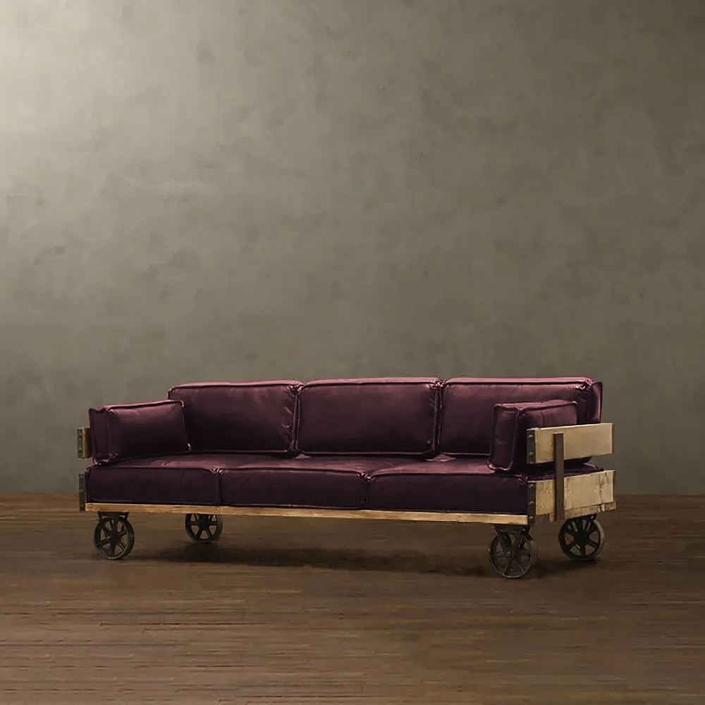 2000m Industrial Leather Upholstered Sofa 3-Seater Sofa Retro Sofa with Metal Wheel Legs