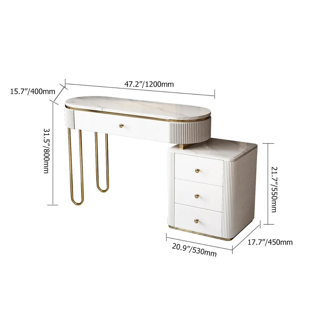 Oboval Modern Makeup Vanity Table with Side Cabinet 4 Drawers & Faux Marble Top in White
