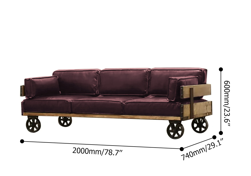 2000m Industrial Leather Upholstered Sofa 3-Seater Sofa Retro Sofa with Metal Wheel Legs
