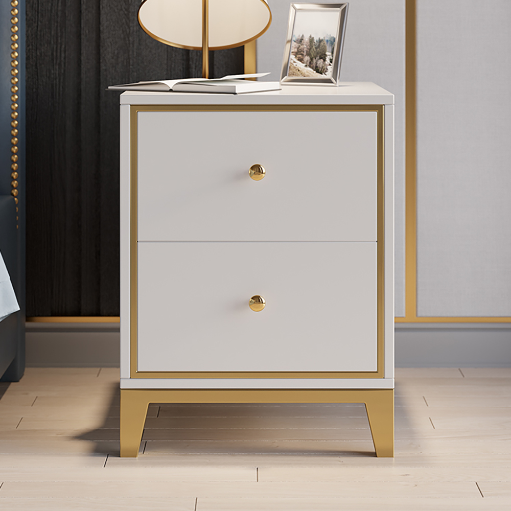White Modern Bedside Table with 2-Drawer and Gold Legs