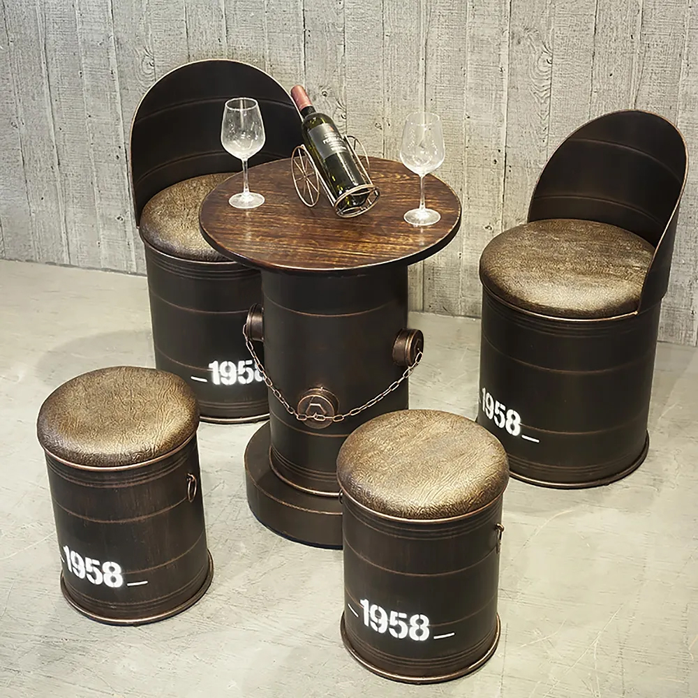 Table de bar industrielle vieillie 550 mm avec plateau rond en bois massif