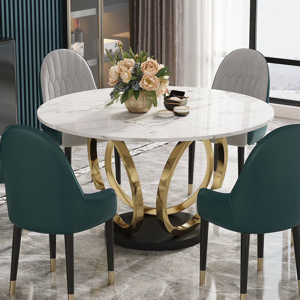 Modern Round White Dining Table for 6 Person Marble Top Gold & Black Pedestal