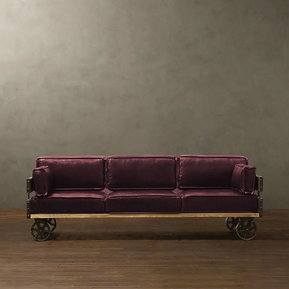 Canapé rembourré en cuir industriel de 78,7 po Sofa 3 places Canapé rétro avec pieds de roue en métal