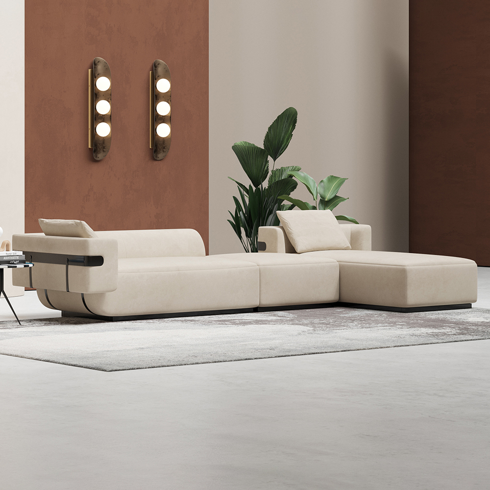 

147" L-Shaped Beige 5-Seater Modular Sectional Sofa with Chaise Low Seated Sofa Set
