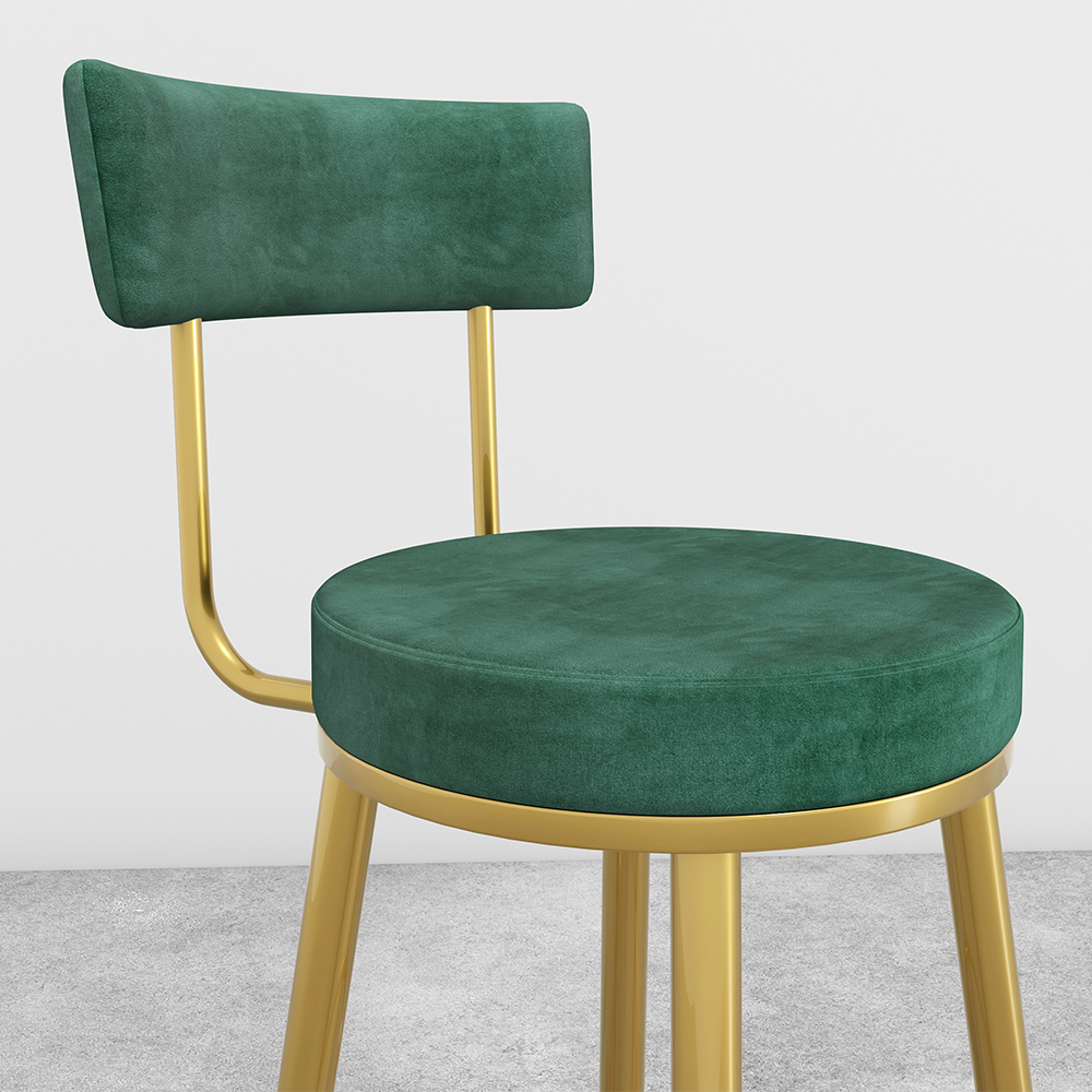 Round Green Bar Height Stool Velvet Upholstery with Back & Golden Footrest