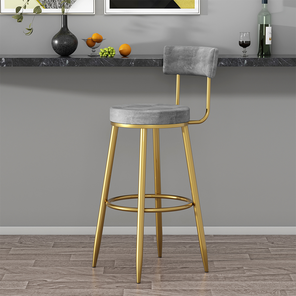 Round Gray Bar Height Stool Velvet Upholstery with Back & Golden Footrest