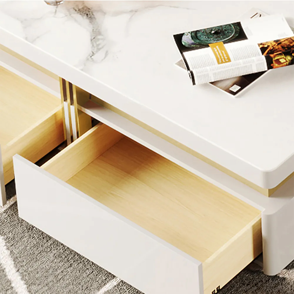 Modern Wood Coffee Table with Storage in White Center Table with Stainless Steel Base