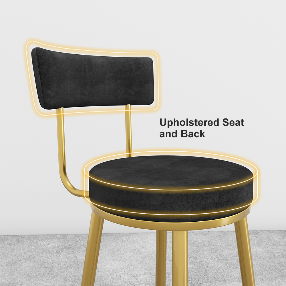 Round Black Velvet Upholstery Tall Bar Stool with Arm & Golden Footrest