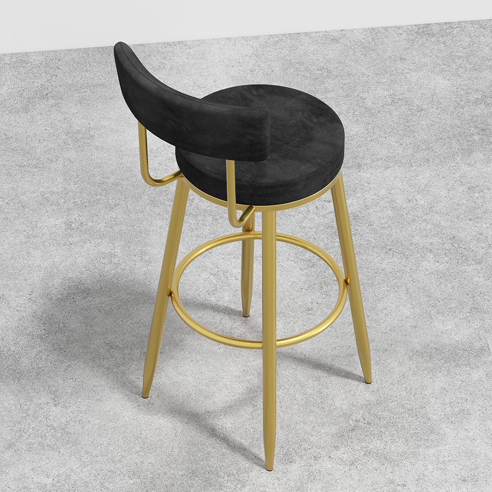 Round Black Velvet Upholstery Tall Bar Stool with Back & Golden Footrest