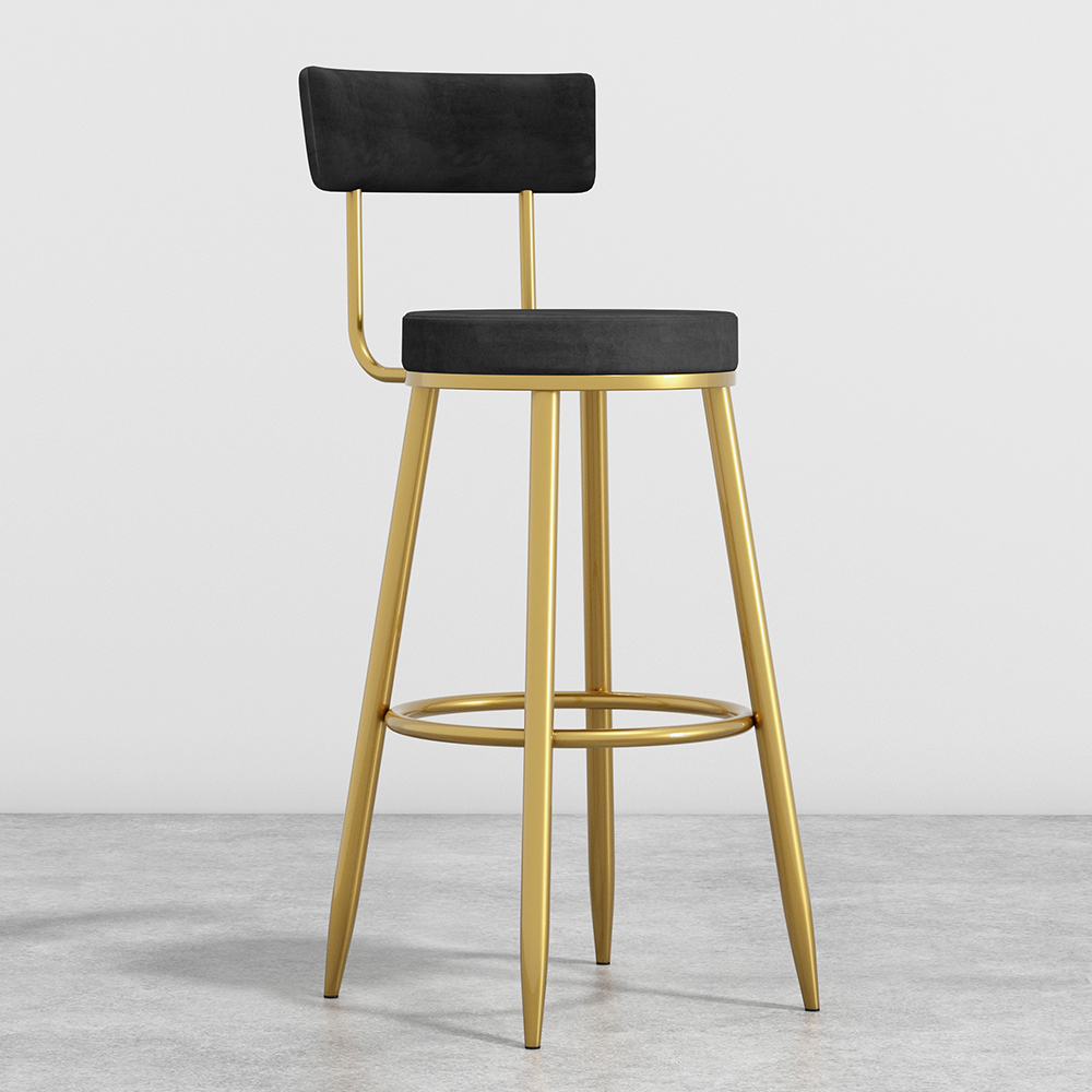 Image of Round Black Bar Height Stool Velvet Upholstery with Back & Footrest for Kitchen Island