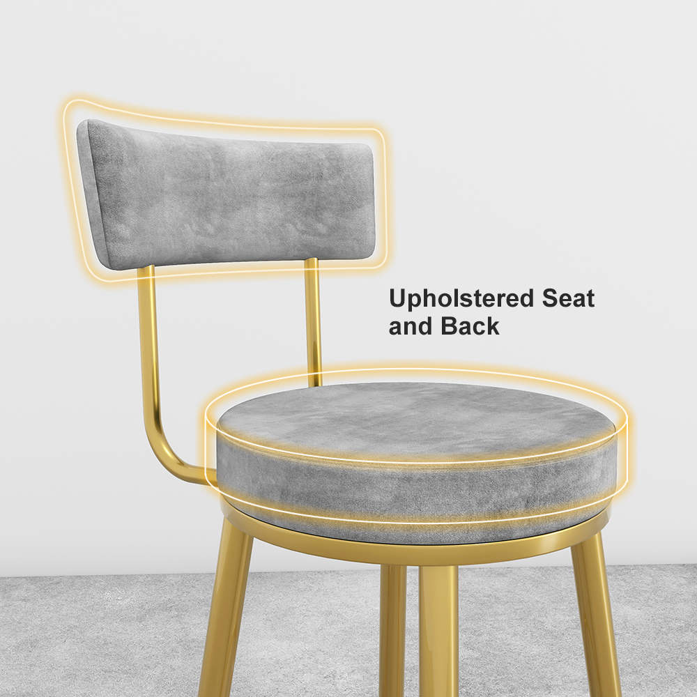 Round Grey Bar Height Stool Velvet Upholstery with Back & Golden Footrest
