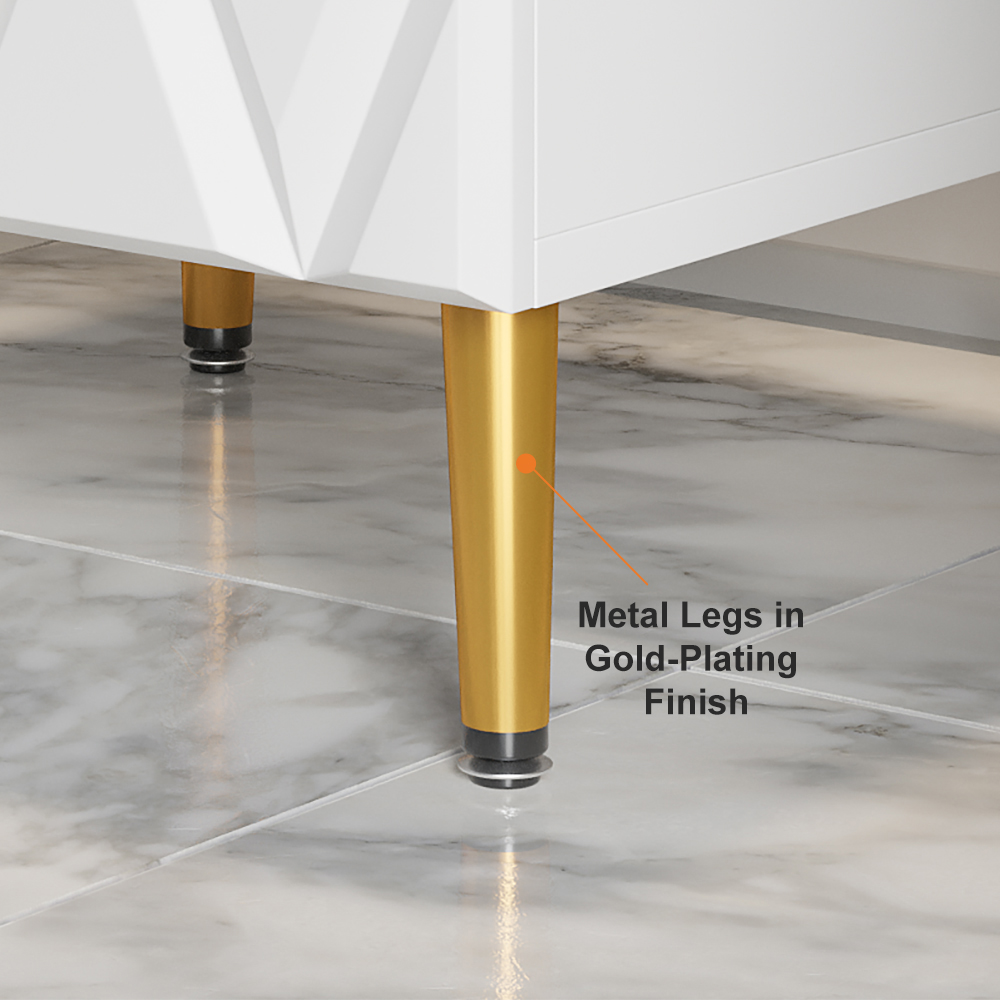 Nordic White Bedside Table 3-Drawer V-Shaped Gold Pulls in Large