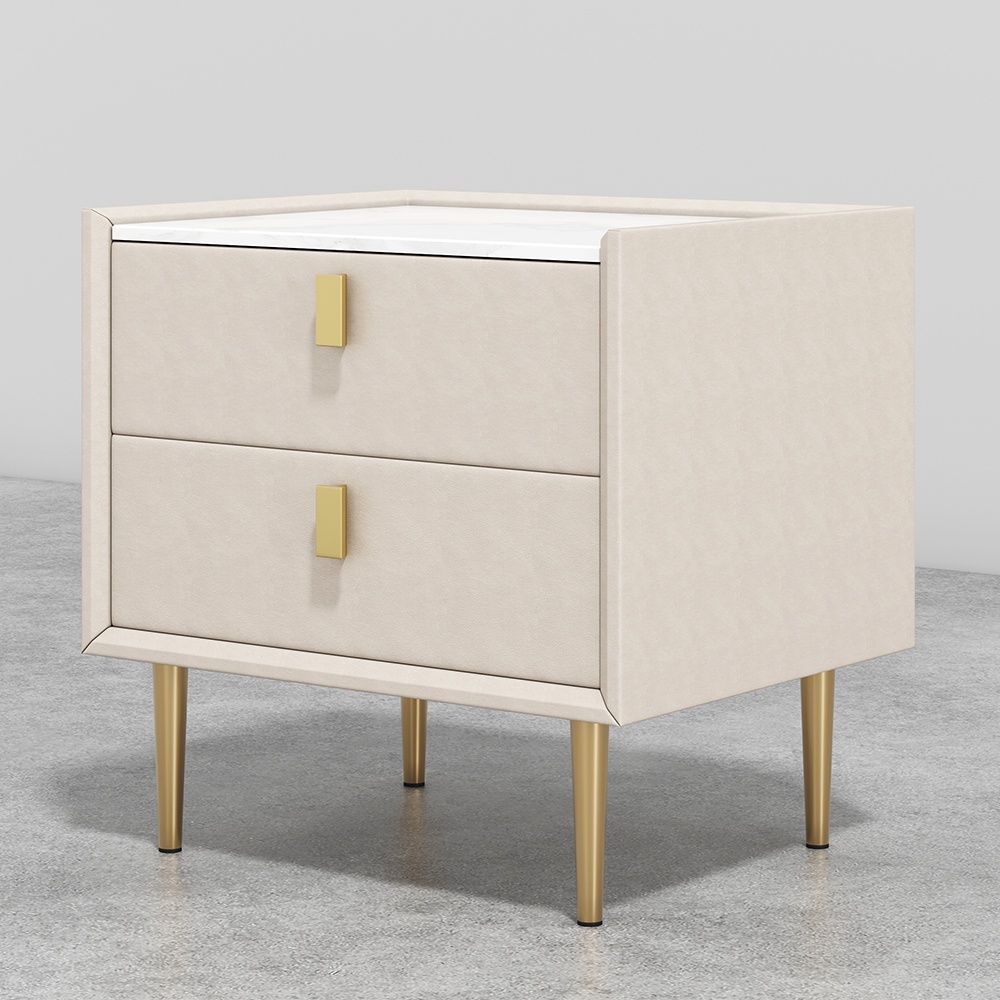 Modern 2 Drawers PU Leather Bedside Table Nightstand with Gold Metal Legs