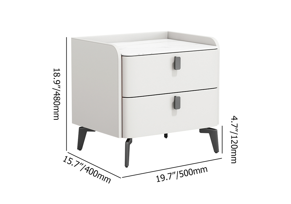 White Nightstand with 2 Drawers Faux Leather Bedside Table with Stone Top