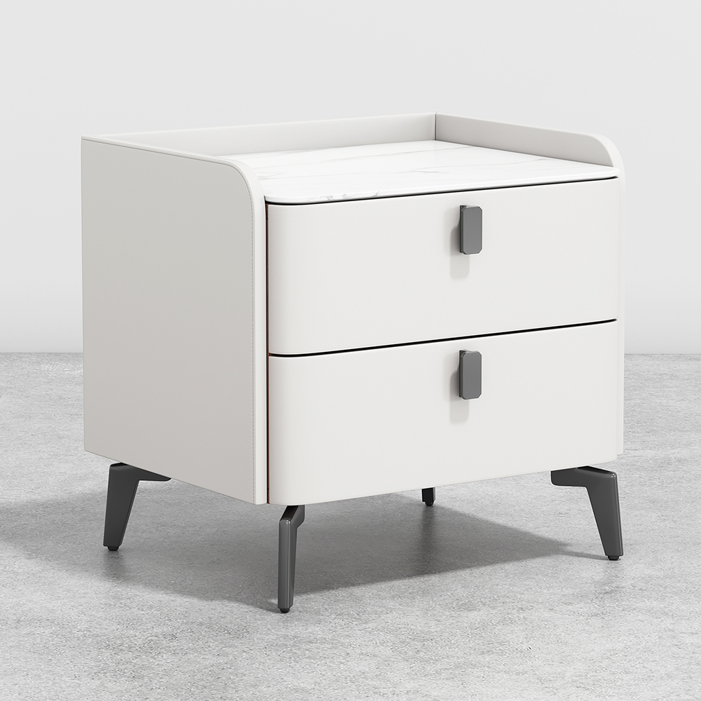 White Nightstand with 2 Drawers Faux Leather Bedside Table with Stone Top